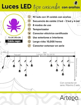 Serie funciones led de halloween Artego Cascada con araña Aracno con 90 focos